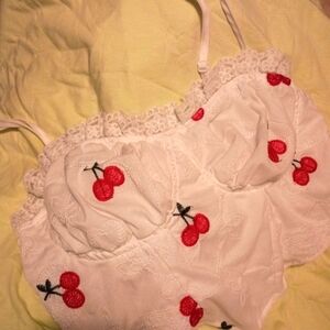 SHEIN White Lace Bralette with Cherry Embroidery